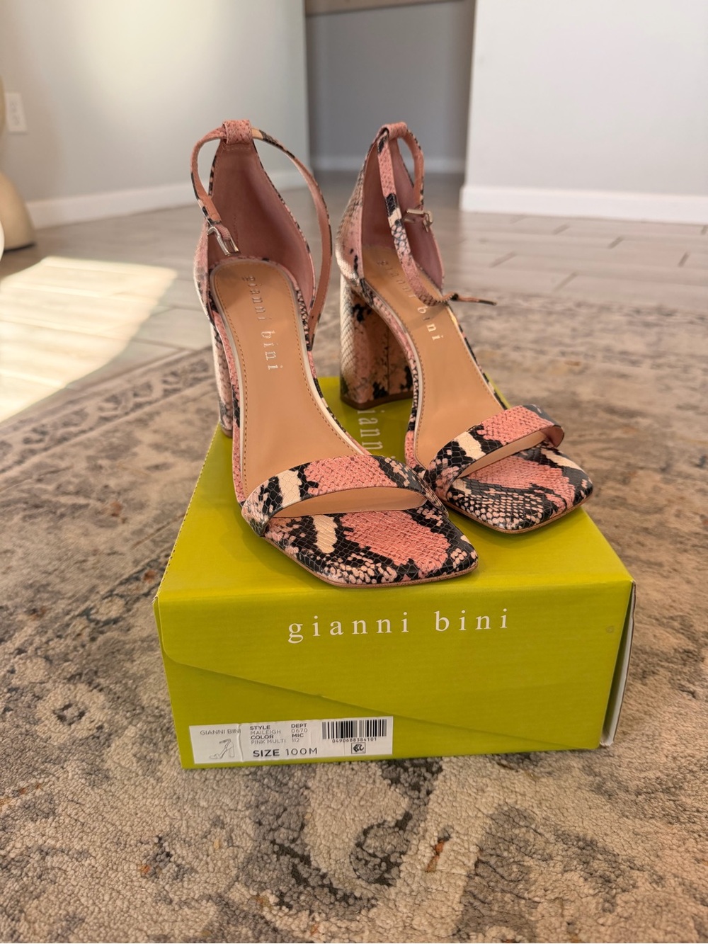 Gianni Bini Pink Snake-Print Block Heel Sandals with Ankle Strap